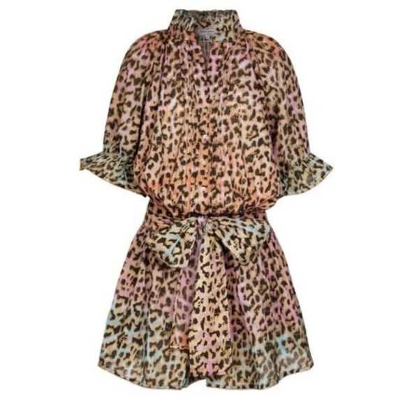 Juliet Dunn Women’s Sz 4 Leopard Neon Ruffle Mini Dress Cotton Puff Sleeve - Picture 1 of 13